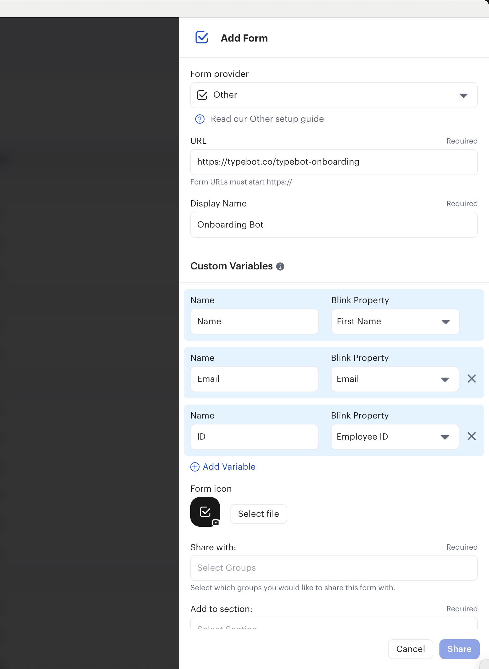 Blink form configuration panel